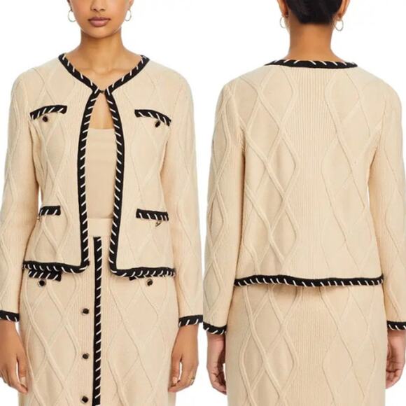 NEW Misook Contrast Trim Knit Jacket Textural Cable Knit Biscotti Black Size XL - Picture 1 of 10